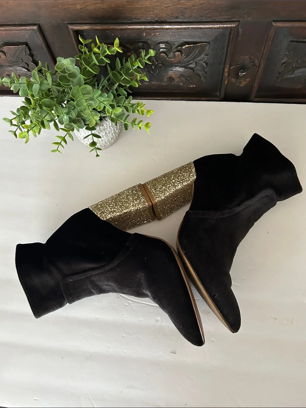 Betsey Johnson Black Velvet Ankle Boots with Gold Glitter Block Heel